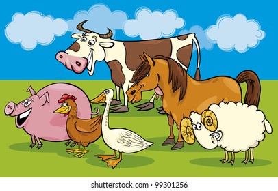 Cartoon illustration of funny farm animals group