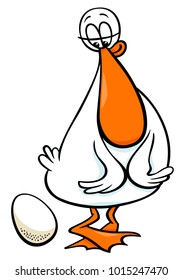 Cartoon Illustration of Funny Female Duck Farm Bird Animal Character with Egg