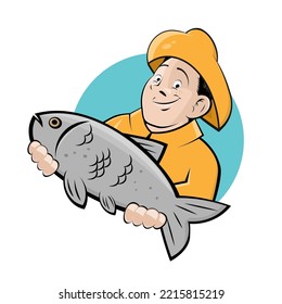 cartoon illustration of a funny fisherman holding a fish