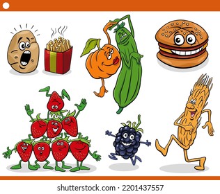 Cartoon illustration of funny food objects characters