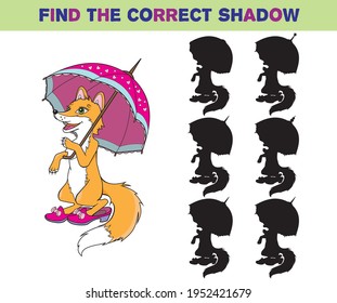 Cartoon illustration of funny fox with an umbrella. Find the correct shadow. Cartoon vector illustration. Educational game for children.