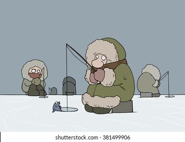 Cartoon illustration of funny freezing fishermen in warm clothes sitting on the surface of the frozen sea and trying to catch some fish