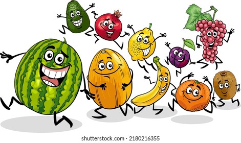 Ilustración de dibujos animados del grupo de personajes cómicos de frutas divertidas