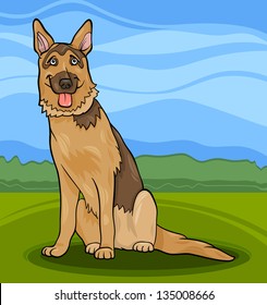 Cartoon Illustration of Funny German Shepherd or Alsatian Purebred Dog