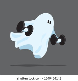 Cartoon illustration of funny ghost flying and lifting weights