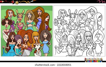 Cartoon illustration of funny girls and women comic characters group coloring page