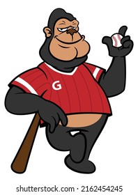 Cartoon-Illustration Funny Gorilla mit Baseball-Jersey und -Mütze, die Baseballschläger und Ball hält, am besten für Maskottchen, Logo, Aufkleber und Ikone von Baseballclub oder Baseballturnier für Kinder