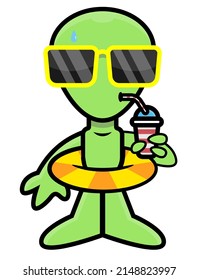 Cartoon Illustration Of Funny Green Alien Wearing Lifebuoy And Drinking An Ice Drinks, Best For Mascot, Logo, And Sticker With Extraterrestrial World Themes