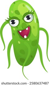 Cartoon illustration of a funny green bacteria with large eyes, thin legs and a smiling mouth showing two teeth, isolated on a white background