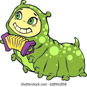 Cartoon illustration of a funny green caterpillar with accordion in her hands