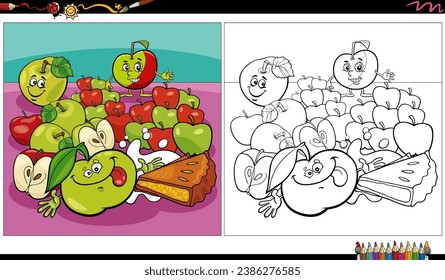 cartoon illustration of funny green and red apples and apple pie coloring page