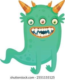 Cartoon illustration of a funny green three eyed monster smiling and showing its teeth, ideal for children s illustrations, halloween designs, or any project that needs a touch of whimsy