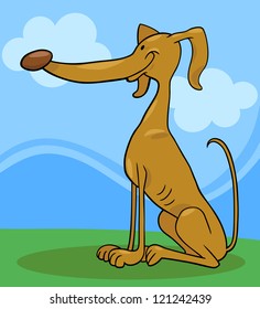 Cartoon Illustration of Funny Greyhound Dog against Sky with Clouds