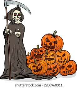 Cartoon Illustration Of Funny Grim Reaper With Scythe And Pile Of Halloween Pumpkins