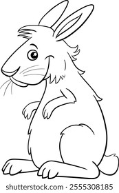 Cartoon illustration of funny hairy miniature rabbit animal character standing up coloring page