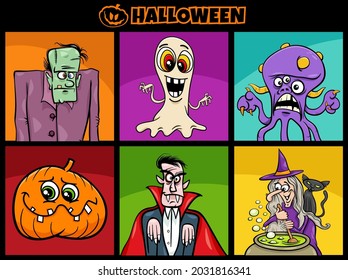 Cartoon illustration of funny Halloween characters set