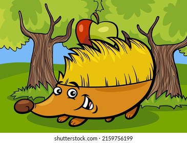 Cartoon illustration of funny hedgehog animal character with apple