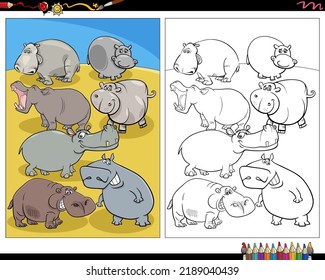 Cartoon illustration of funny hippos animal characters coloring page