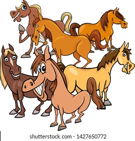 Cartoon Illustration of Funny Horses Farm Animal Characters Group