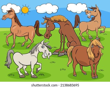 Cartoon illustration of funny horses farm animal characters group in the meadow