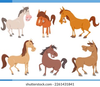 Cartoon illustration of funny horses farm animals comic characters set