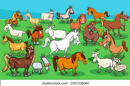 Cartoon Illustration of Funny Horses and Goats Farm Animal Characters Group