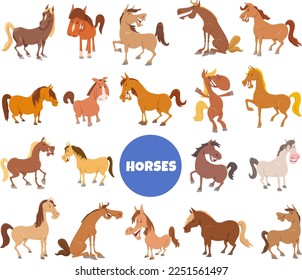 Cartoon illustration of funny horses and ponies farm animal characters big set