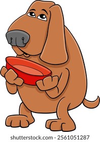 Cartoon illustration of funny hungry dog animal character with his bowl