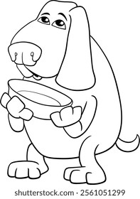 Cartoon illustration of funny hungry dog animal character with his bowl coloring page