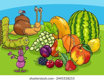 Cartoon illustration of funny insects characters and snail with fresh fruit