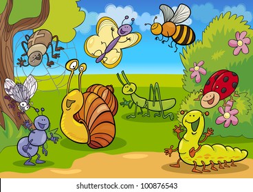 cartoon illustration of funny insects on the meadow