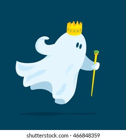 Cartoon illustration of funny king ghost flying with crown and scepter