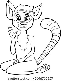 Ilustração de desenho animado de lêmure engraçado primata personagem acenando mão coloração página