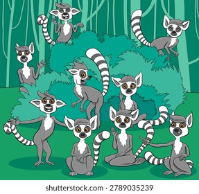 Cartoon illustration of funny lemurs wild mammals comic animal characters group
