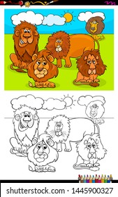 Cartoon Illustration of Funny Lions Animal Characters Coloring Book Activity