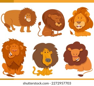 Cartoon illustration of funny lions wild animals comic characters set
