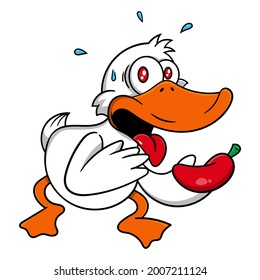 Cartoon Illustration of funny little duck spicy because eating a chili until sweats, best for mascot or logo for duck cuisine restaurant business