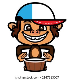 Cartoon illustration of Funny little Monkey wearing cap and playing traditional drum music instrument, best for mascot, logo, and sticker with animal themes
