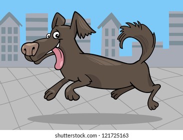 Cartoon Illustration of Funny Little Running Shaggy Dog against Blue Sky and Urban Scene with City View