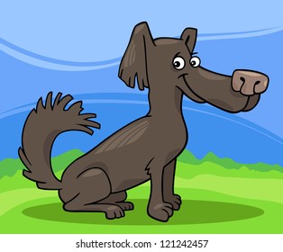 Cartoon Illustration of Funny Little Shaggy Dog against Blue Sky and Green Grass