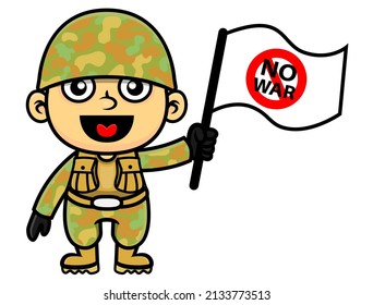 Cartoon illustration of funny little Soldier waving the white flag sign of surrender for world peace, best for mascot, logo, and sticker with military themes for kids