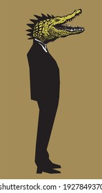 Cartoon illustration of funny man with crocodile head dressed up in black suit