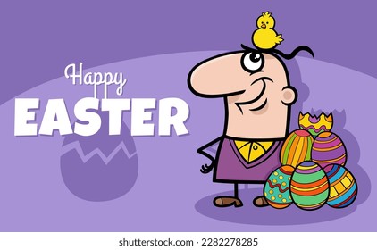 Cartoon illustration of funny man with Easter chick hatched from Easter egg greeting card design