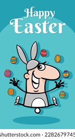 Cartoon illustration of funny man in Easter Bunny costume with colorful Easter eggs greeting card design
