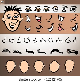 Cartoon Illustration of Funny Man Face Elements such Eyes, Mouth, Noses, Heads and Hair for Animation or Application