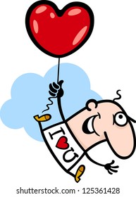 Cartoon Illustration of Funny Man flying with Valentine Heart Shape Balloon for Valentines Day
