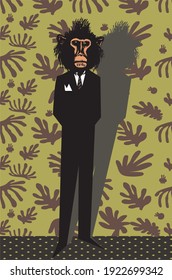 Cartoon illustration of funny man with head of monkey dressed up in black suit