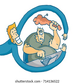 Cartoon illustration of funny man hugging a troll