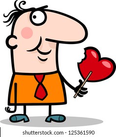 Cartoon Illustration of Funny Man with Valentine Heart Shape Lollipop for Valentines Day