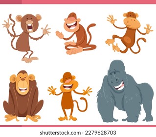 Cartoon illustration of funny monkeys and apes animal characters set